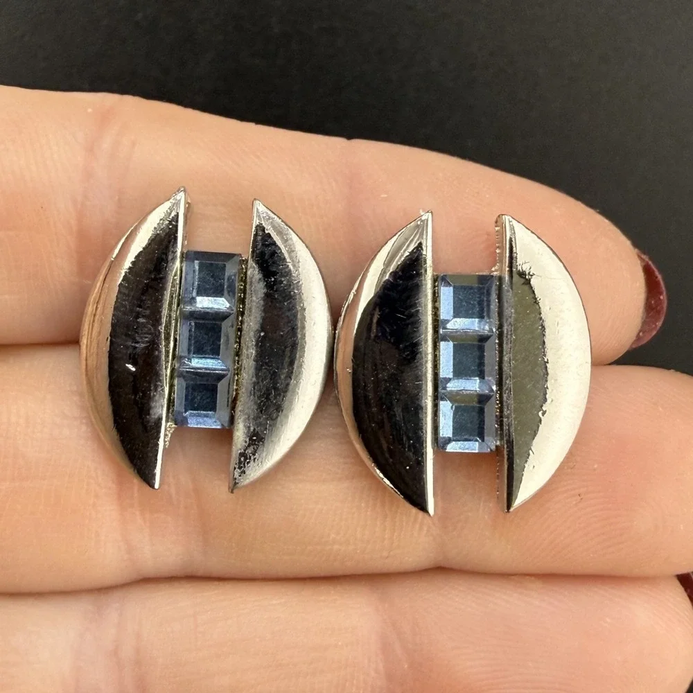Vintage Cufflink Tiebar Clip‎ Set Silver Tone Blue Rhinestone